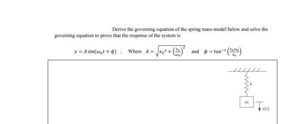 Derive the governing equation of the spring mass-model below and solve the governing equation to prove that the response of t