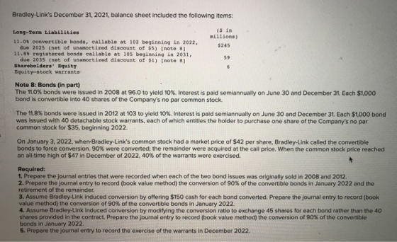 Bradley-Links December 31, 2021, balance sheet included the following items: ($ in millions) $245 Long-Term Liabilities 11.0