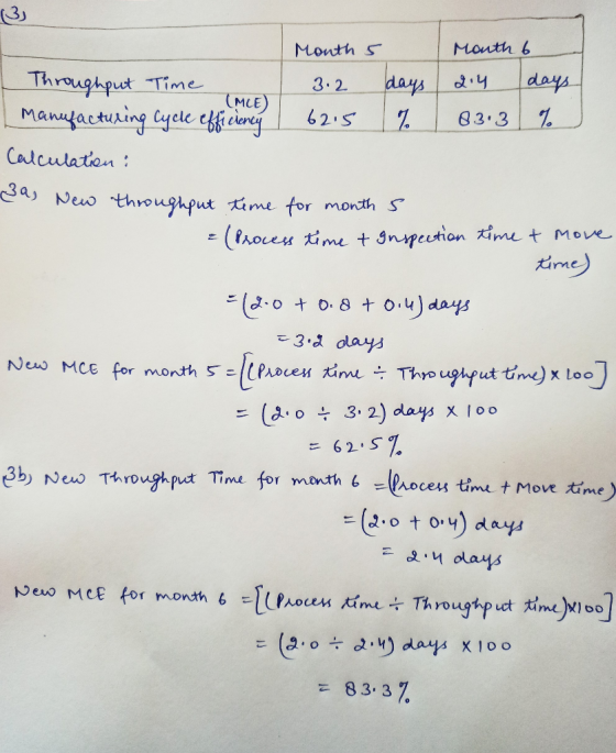 (3, Mouth 5 Mouth 6 - Throughput Time 3.2 days 214 days IMCE) | Manufacturing cycle efficiency 62.5 % | 83.3 % ) Calculation: