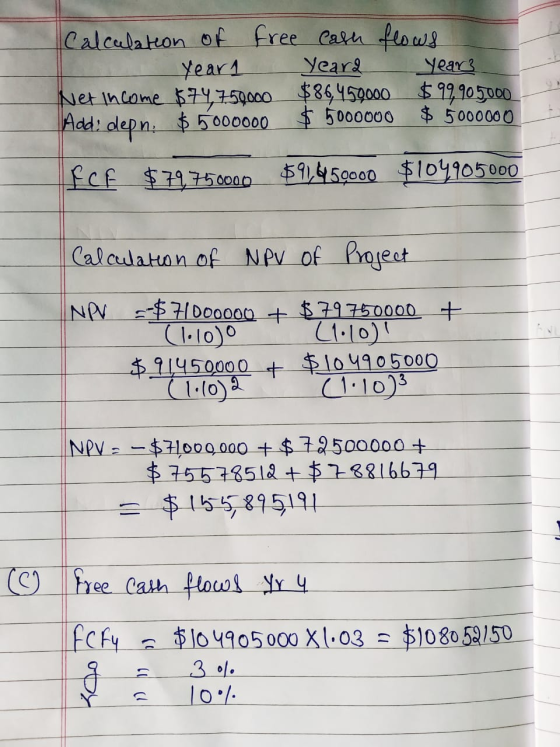 Calculation of free cash flows Year1 Yeara - Year? Net Income $74, 750000 $86,450,000 $99,905000 Add: depni $ 5000000 $ 50000