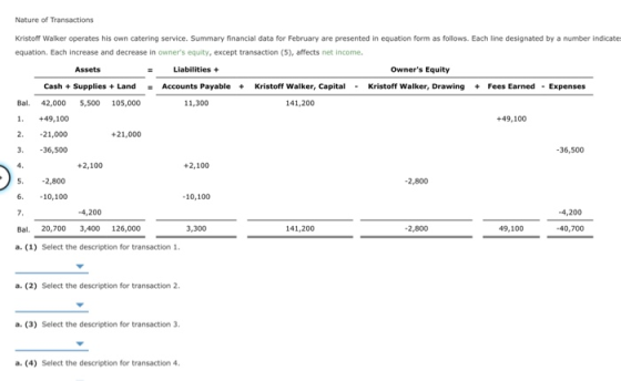 Nature of Transactions Kristoff Walker operates his own catering service. Summary financial data for February are presented i