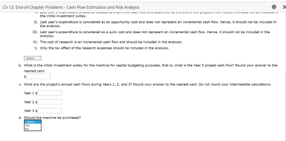 Ch 12: End-of-Chapter Problems - Cash Flow Estimation and Risk Analysis LUus your Aparcur onuru ve Cuccuuuu commar Cum Turunu