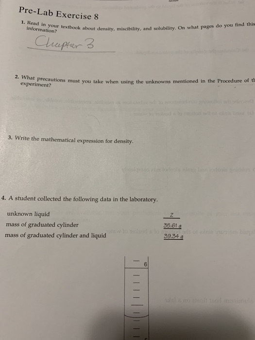 Pre-Lab Exercise 8 1. Read in your textbook about den information? Ook about density, miscibility, and solubility. On what pa
