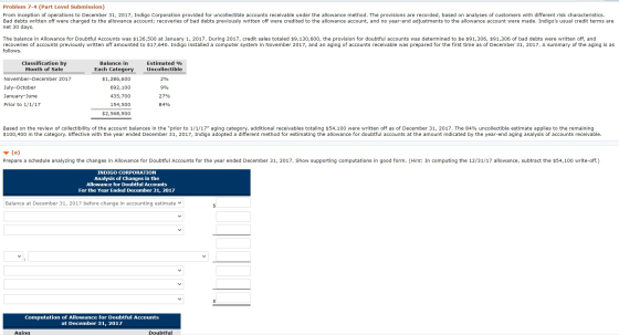 Problem 7-4 (Part Level Submission) From inception of operations to December 31, 2017, Indigo Corporation provided for uncoll