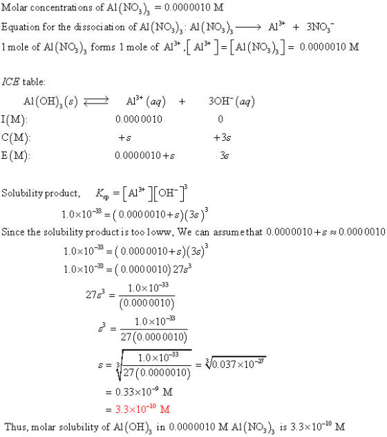 Molar concentrati ons of Al (NO3), -0.0000010 M Equation for the dissoci ati on of Al (NOz), Al (NO,)>Al* + 3NO I mole of Al