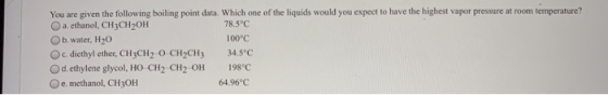 You are given the following boiling point data, Which one of the liquids would you expect to have the highest vapor pressure