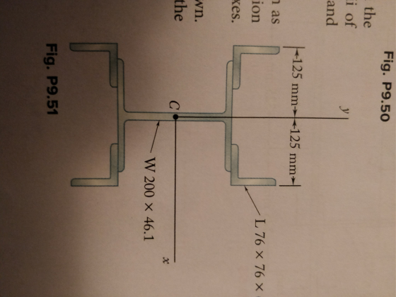 Fig. P9.50 the i of and 125 mm+125 mm as n ion es. L 76 × 76 × . wn the W 200 × 46.1 Fig. P9.51