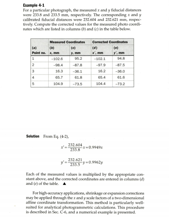 Example 4-1 For a particular photograph, the measured x and y fiducial distances were 233.8 and 233.5 mm, respectively. The corresponding x and y calibrated fiducial distances were 232.604 and 232.621 mm, respec- tively. Compute the corrected values for the measured photo coordi- nates which are listed in columns (b) and (c) in the table below. Measured Coordinates Corrected Coordinates Point no. x, mm y, mm 94.8 -87.5 36.0 61.6 73.2 x, mm y, mm 2 3 4 -102.6 -98.4 16.3 65.7 104.9 95.2 -87.8 -36.1 61.8 -73.5 -102.1 -97.9 16.2 65.4 104.4 Solution From Eq. (4-2), 232.604x-0.9949x 232.621y -0.9962y Each of the measured values is multiplied by the appropriate con x233.8 y233.5 stant above, and the corrected coordinates are entered in columns (d) and (e) of the table. A For high-accuracy applications, shrinkage or expansion corrections may be applied through the x and y scale factors of a two-dimensional affine coordinate transformation. This method is particularly well- suited for analytical photogrammetric calculations. This procedure is described in Sec. C-6, and a numerical example is presented