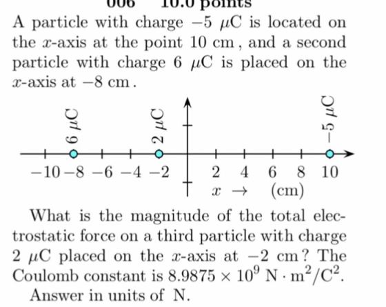 006 0.0 DoinUS A particle with charge-5 μC is located on the r-axis at the point 10 cm, and a second particle with charge 6 μC is placed on the r-axis at -8 cm 10-8 -6 -4 -2 2 4 6 8 10 x→ (cm) What is the magnitude of the total elec- trostatic force on a third particle with charge 2 μC placed on the x-axis at-2 cm? The Coulomb constant is 8.9875 × 109 N·m2/C2 Answer in units of N.