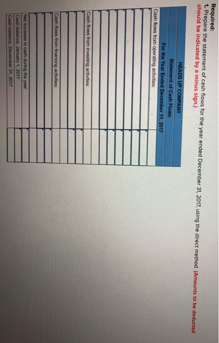 Required: 1. Prepare the statement of cash flows for the year ended December 31, 2017, using the direct method. (Amounts to b