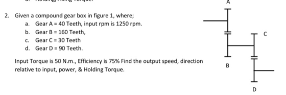 HH 2. Given a compound gear box in figure 1, where; a. Gear A = 40 Teeth, input rpm is 1250 rpm. b. Gear B = 160 Teeth, C. Ge