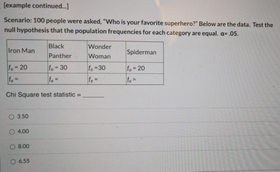 [example continued...] Scenario: 100 people were asked, Who is your favorite superhero? Below are the data. Test the null h