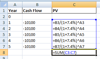 Cash Flow PV А 1 Year 2 0 31 42 5 3 64 7 5 -10100 -10100 -10100 -10100 -10100 =B3/(1+7.4%)^A3 =B4/(1+7.4%)^A4 =B5/(1+7.4%)^A5