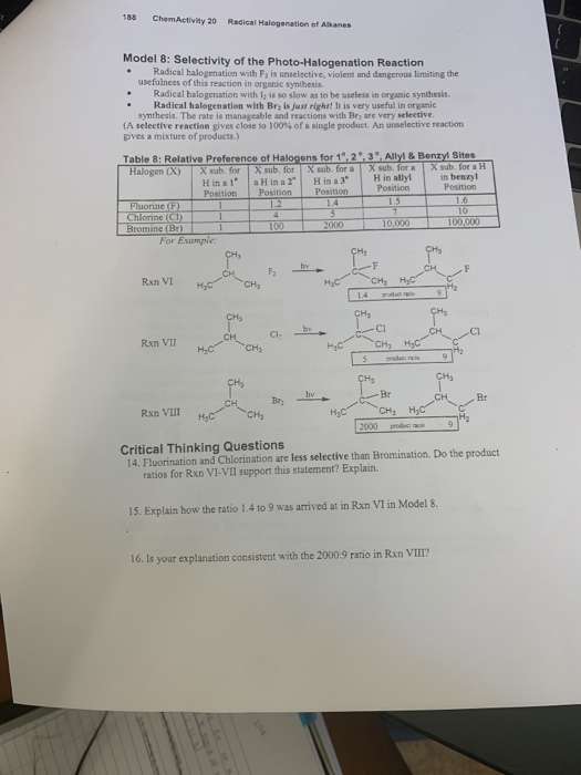 188 ChemActivity 20 Radical Halogenation of Aanes Model 8: Selectivity of the Photo-Halogenation Reaction • Radical halogenat