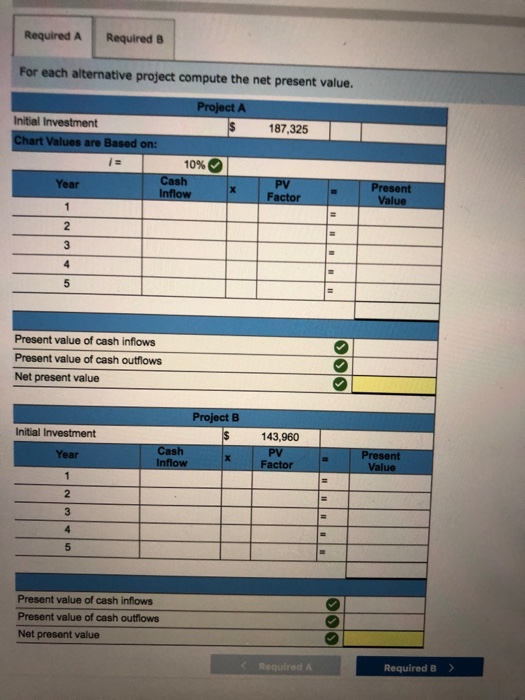 Required A Required 8 For each alternative project compute the net present value. Initial Investment 187,325 are on: Cash Present Year Present value of cash inflows Present value of cash outflows Net present value Project B Initial Investment 143,960 Year X Factor Present value of cash inflows Present value of cash outflows Net present value Required A Required B