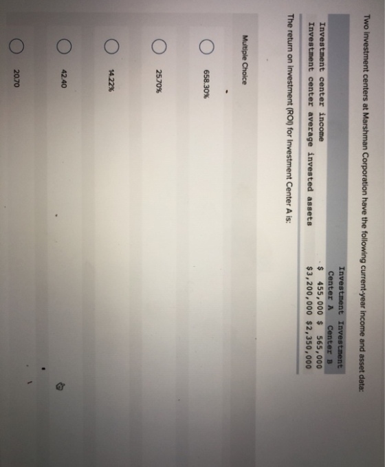 Two investment centers at Marshman Corporation have the following current-year income and asset data: Investment center income Investment center average invested assets Center A Center B s 455,000 565,000 $3,200,000 $2,350,000 The return on investment (ROI) for Investment Center A is: Multiple Choice 658.30% 25.70% 14.22% 42.40 20.70