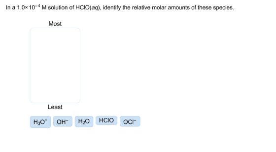 In a 1.0x10-4 M solution of HCIO(aq), identify the relative molar amounts of these species. Most Least