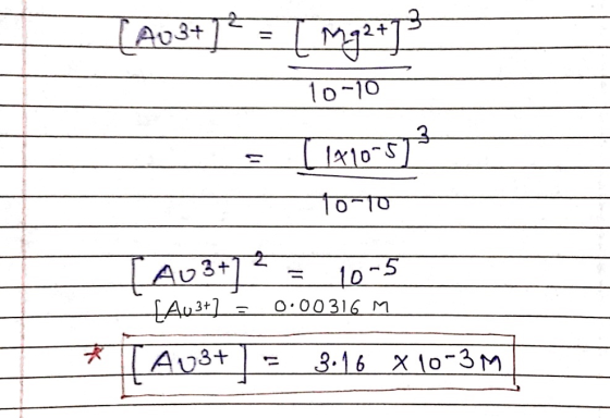 [A13+)? = [ Mg2+1? 10-10 [ 1410-51 To-to- [Au 3+1 = 10-5 SAU3+] = 0.00316 M AU3+ = 3.16 x 10-3M