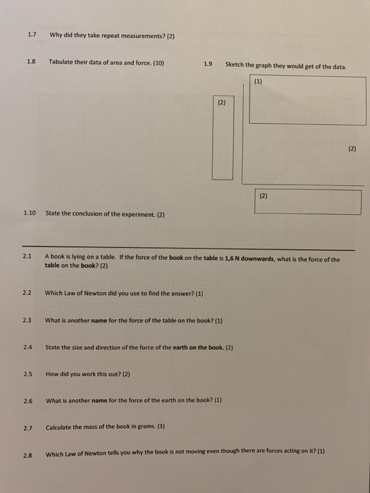 1.7 Why did they take repeat measurements? (2) 1.8 Tabulate their data of area and force. (10) 1.9 Sketch the graph they woul