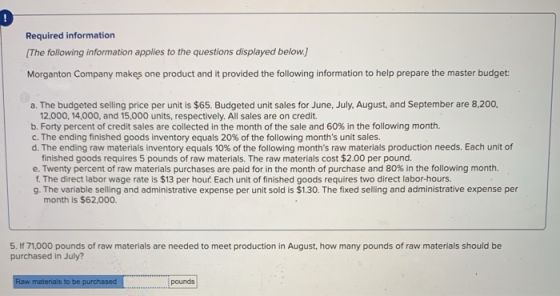 Required information (The following information applies to the questions displayed below.) Morganton Company makes one produc