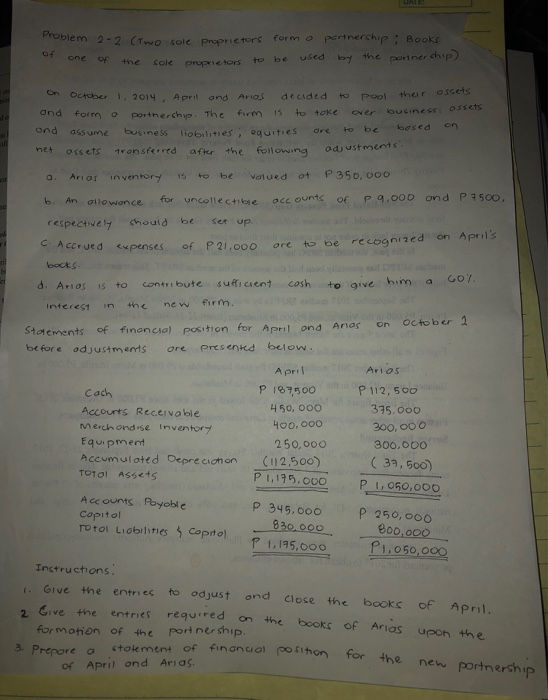 UAI Problem 2-2 (Two sole Proprietors formo pertnershiP Books by the portner chip) of used one of to be +he sole Propietors o