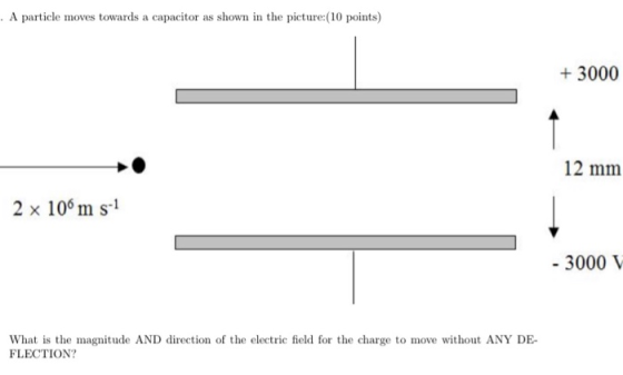 . A particle moves towards a capacitor as shown in the picture:(10 points) + 3000 12 mm 2 x 100 m s-1 - 3000 V What is the ma