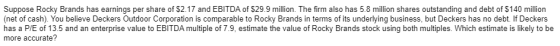 Suppose Rocky Brands has earnings per share of $2.17 and EBITDA of $29.9 million. The firm also has 5.8 million shares outsta