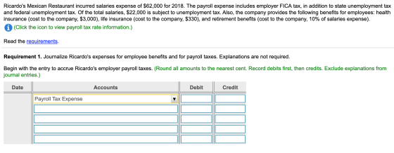 Ricardos Mexican Restaurant incurred salaries expense of $62,000 for 2018. The payroll expense includes employer FICA tax, i