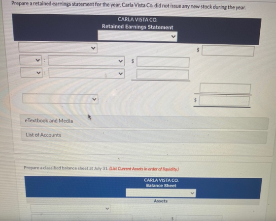 Prepare a retained earnings statement for the year. Carla Vista Co. did not issue any new stock during the year. CARLA VISTA