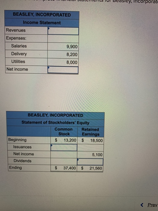 incorporate BEASLEY, INCORPORATED Income Statement Revenues Expenses: Salaries 9,900 Delivery 8,200 Utilities 8,000 Net incom