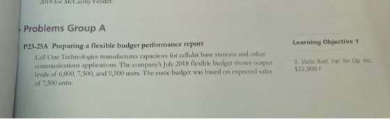 2018 for McCarthy Fendret. Problems Group A P23-25A Preparing a flexible budget performance report Cell One Technologies manu