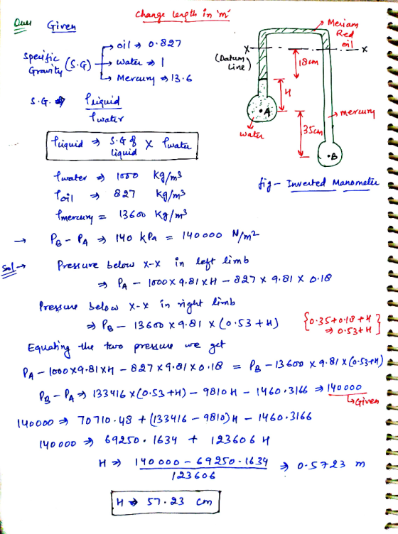 & Meriam AT ✓ Red oil x (Datums Line) Gravity Quer Given Change length in im poil 0.827 specific to water » 1 Ly Mercury = 13