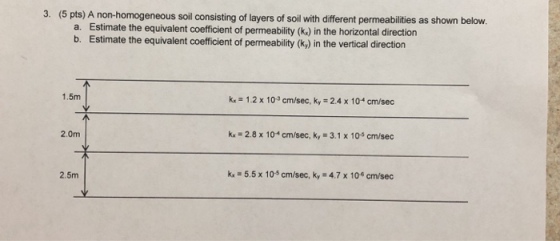 3. (5 pts) A non-homogeneous soil consisting of layers of soil with different permeabilities as shown below. a. Estimate the equivalent coefficient of permeability (k) in the horizontal direction b. Estimate the equivalent coefficient of permeability (k,) in the vertical direction 1.5m 1.2x 103 cm/sec, ky 2.4 x 104 cm/sec 2.8 x 10 5.5 x 10s cm/sec, ky 4.7 x 10 cm/sec k 2.0m kx cm/sec, ky 3.1 x 105 cm/sec 2.5m k