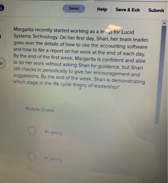 Help Save & Exit Submit Saved Margarita recently started working as a tel p for Lucid Systems Technology On her first day, Sh