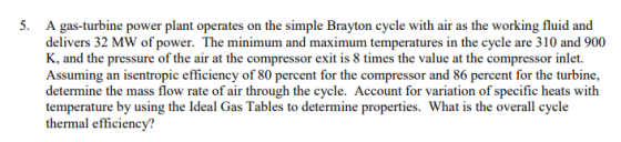 5. A gas-turbine power plant operates on the simple Brayton cycle with air as the working fluid and delivers 32 MW of power.