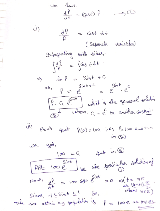 we have, d - (634) p. so ci) - Cost odt 1. (Seperate variables) Integrating both sides, - some = fastdt. - en P = Sint to Sin