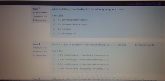 A horizontal merger can lead to all of the following except which one? Question 7 Not yet answered Points out of 1.00 P e que