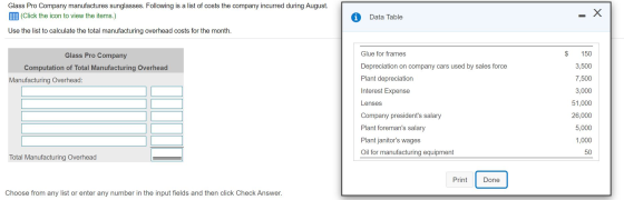 Glass Pro Company manufactures sunglasses. Following is a list of costs the company incurred during August. B (Click the icon