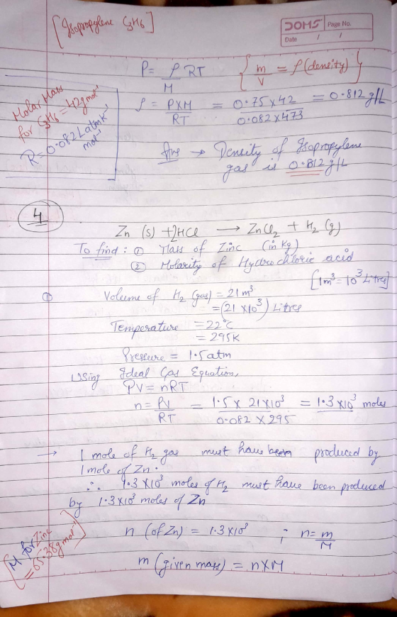 [ Isopropylene GHG] GoMS Page No. Date I I P = PRT M Holax pas L = PXM RT 2m = f (density) y = 0·75x42 = 0.812 g/L 0·082x473