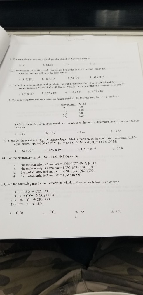 9. For second-order reactions the slope of a plot of 1A versus time is b. KTA kt ch 10. If the reaction 2A + 3D products is f