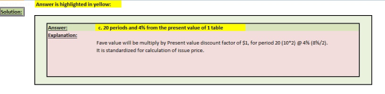 Answer is highlighted in yellow: Solution: Answer: Explanation: c. 20 periods and 4% from the present value of 1 table Fave v