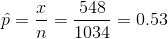 \hat{p} = \frac{x}{n} = \frac{548}{1034}=0.53