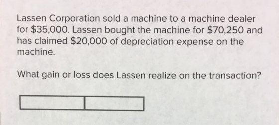 Lassen Corporation sold a machine to a machine dealer for $35,000. Lassen bought the machine for $70,250 and has claimed $20,