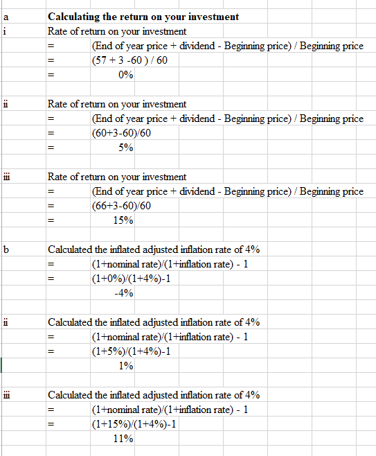 Calculating the return on your investment Rate of return on your investment Beginning price) Beginning price End of year pice