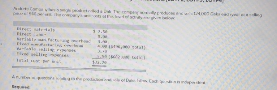 Andretti Company has a single product called a Dak. The company normally produces and sells 124,000 Daks each year at a selli