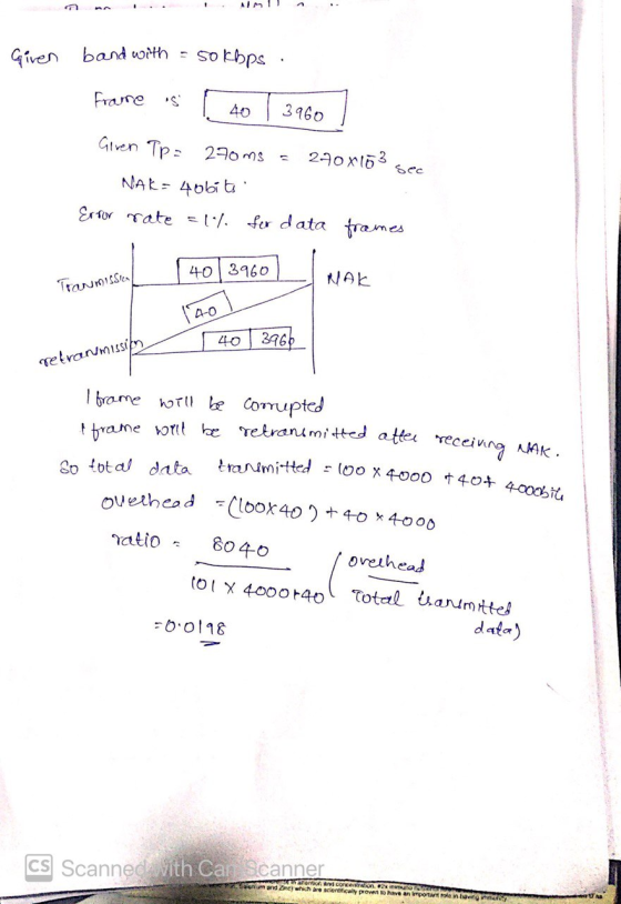 transmitted = 100 X 4000 + 40+ 4000bite AIMI Giren band with = 50 Kbps Frame 40 3960 Given Tp= - 230 ms 270X163 NAK = 4obitel