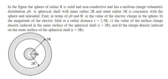 In the figure the sphere of radius R is solid and non-conductive and has a uniform charge volumetric distribution p0. A spher