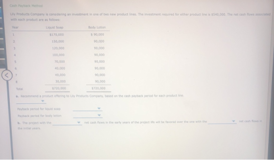 Cash Payback Method Lly Products Company is considering an investment in one of two new product lines. The investment require