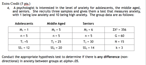 Extra Credit (5 pts.) 4. A psychologist is interested in the level of anxiety for adolescents, the middle aged, and seniors.