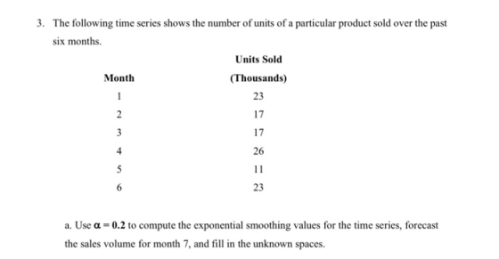 3. The following time series shows the number of units of a particular product sold over the past six months. Units Sold Mont